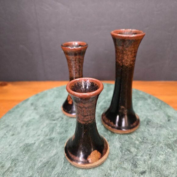 Set of 3 Rustic Stoneware Candle Holders Brown Glazed Ceramic Boho Eclectic - Picture 3 of 8